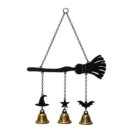 Garden Decor Wind Chime Halloween Witch Broom Chime, Holiday Party Decorative Hanging Bell Metal for Indoor Outdoor Patio Porch Bells