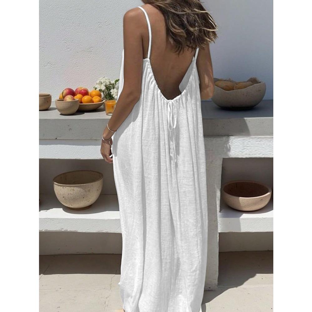 

Summer New Women s Clothing Ice Silk Wrinkled Solid Color Pleated Backless Suspender Long Dress Beach Vacation Dress Woman XXXL білий
