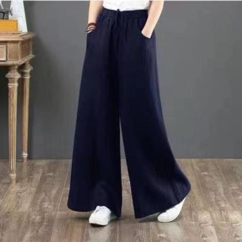 Women Elastic Waist Business Casual Wide Leg Trousers Culottes Flare Long Pants