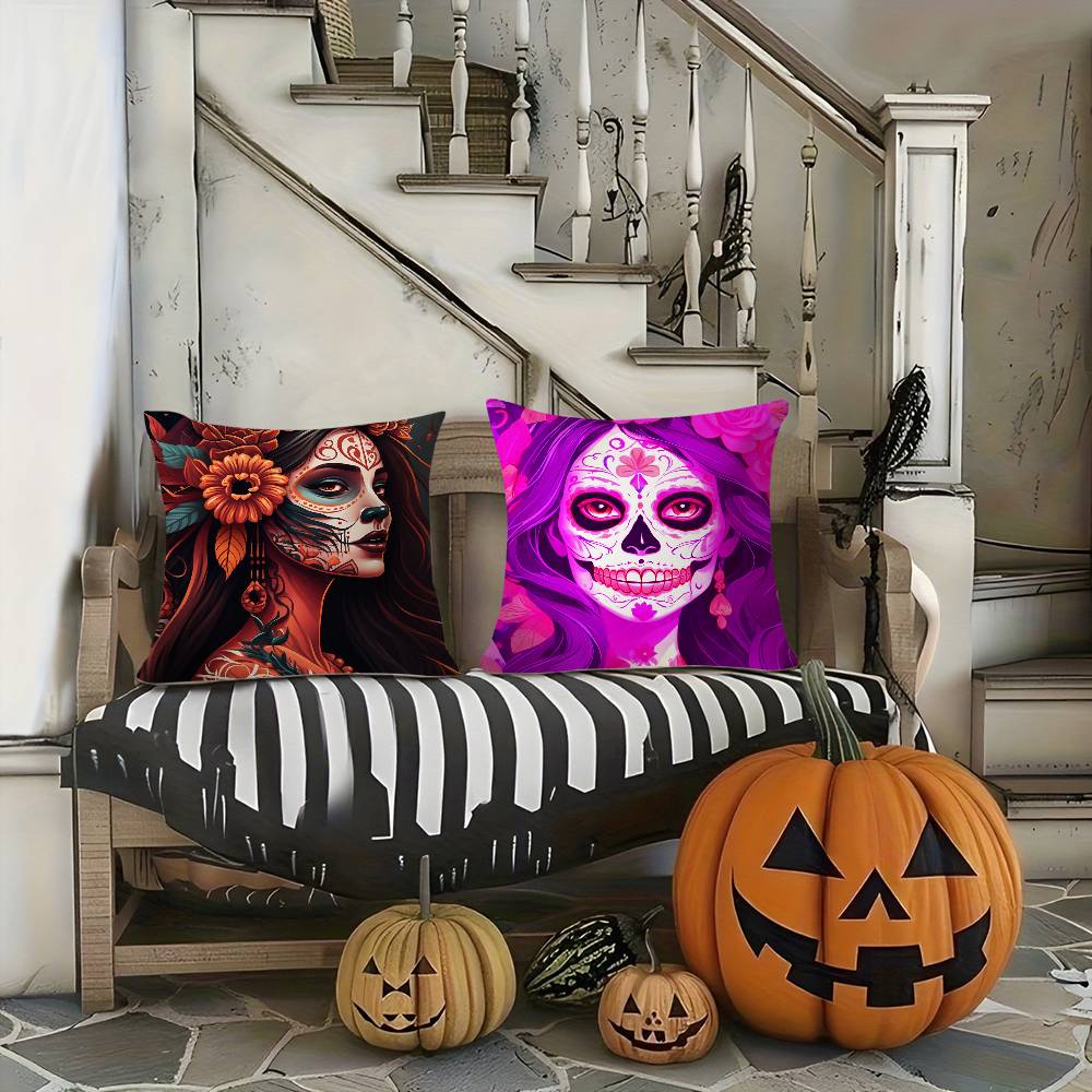 Poszewka na poduszkę Dziewczyna Cukrowa Czaszka Halloween Krótki plusz Dwustronny nadruk Kwadratowe poszewki na poduszki dekoracyjne Sofa Domowa Dekoracja poduszką