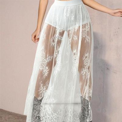 Women Maxi Skirt Dark Style See-through Embroidery Flower Lace Long Skirt Elastic High-Waist A-Line Sexy Mesh Skirt