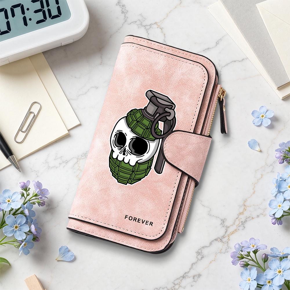 Gothic Skull Grenade Pattern Bifold Long Wallet Fashion Portable Multi Card Slot Purse for Daily Use