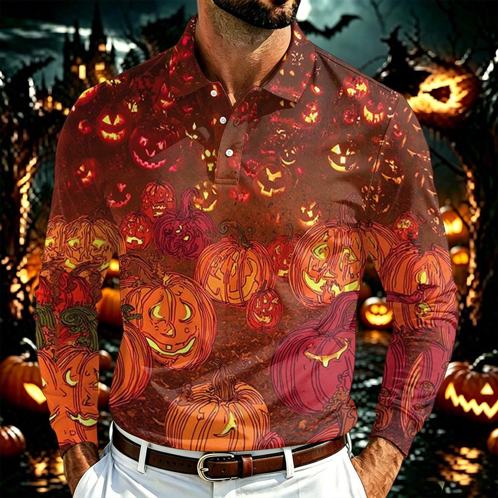 Herren Langarm Poloshirt Leichtes Atmungsaktives Netzgewebe Lässiges Hemd mit Knöpfen Halloween Geister-Aufdruck Design