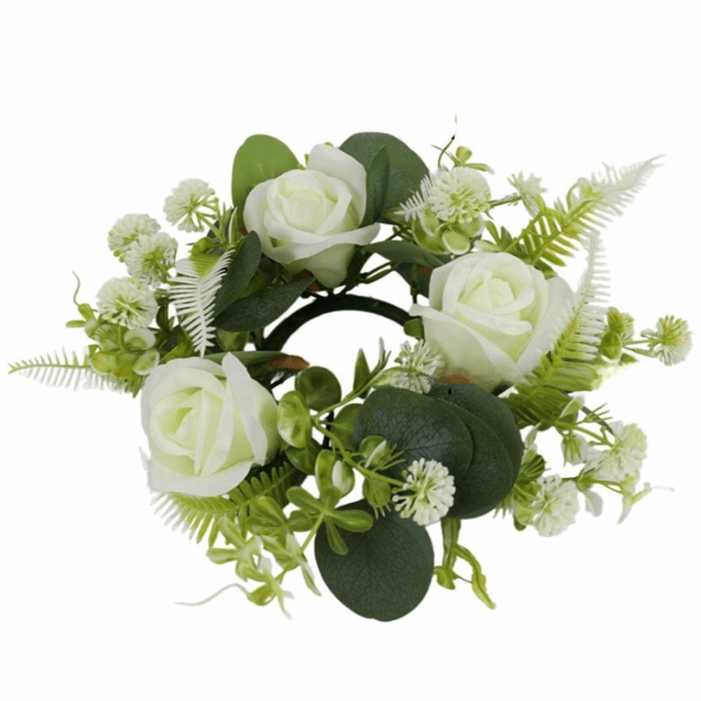 Rose Flower Artificial Eucalyptus Wreath Faux Greenery Desktop Candle Ornament Porch Wall