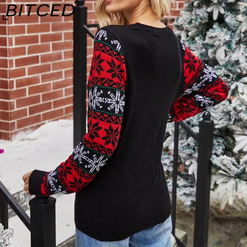 BITCED Damen Weihnachts-Pullover mit Weihnachtsmann-Stickerei O-Ausschnitt Strickpullover