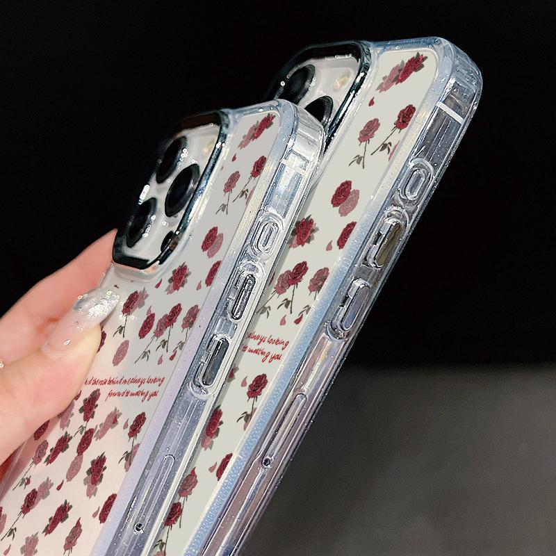 Pink Peony Floral Pattern Case For iPhone 17 Pro Max Plating Lens Frame Clear Soft Cover For iPhone 16 15 14 13 Pro Max 11 16E 17E