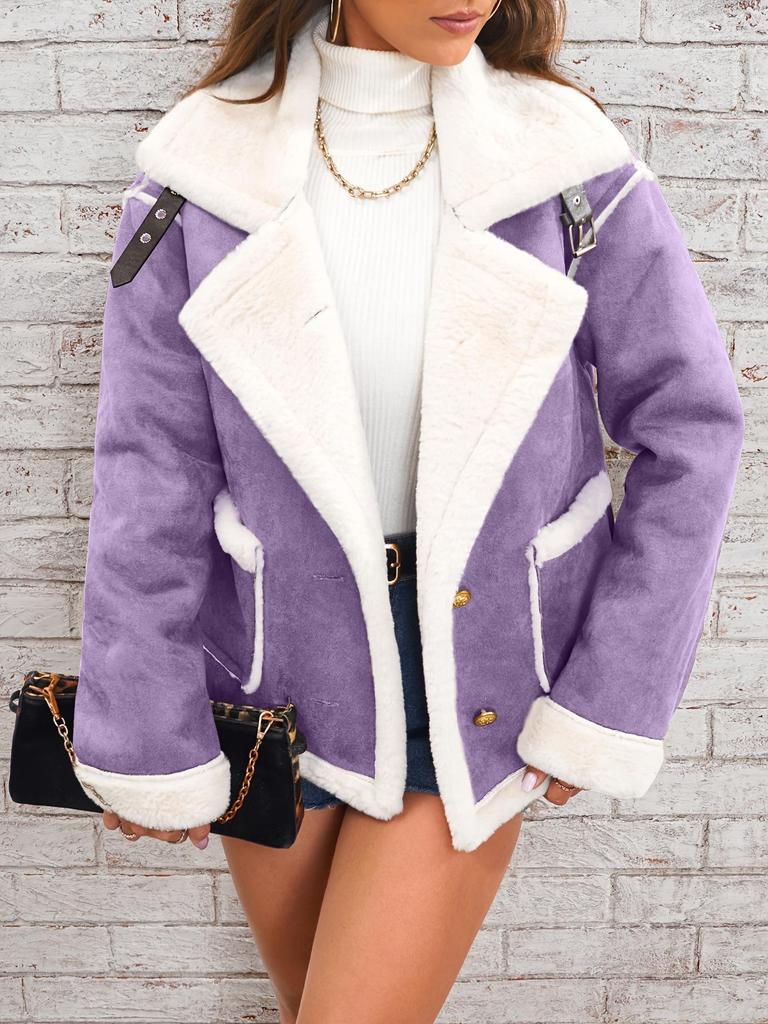 Women's Brown and White Contrast Faux Shearling Jacket with Gold Buttons