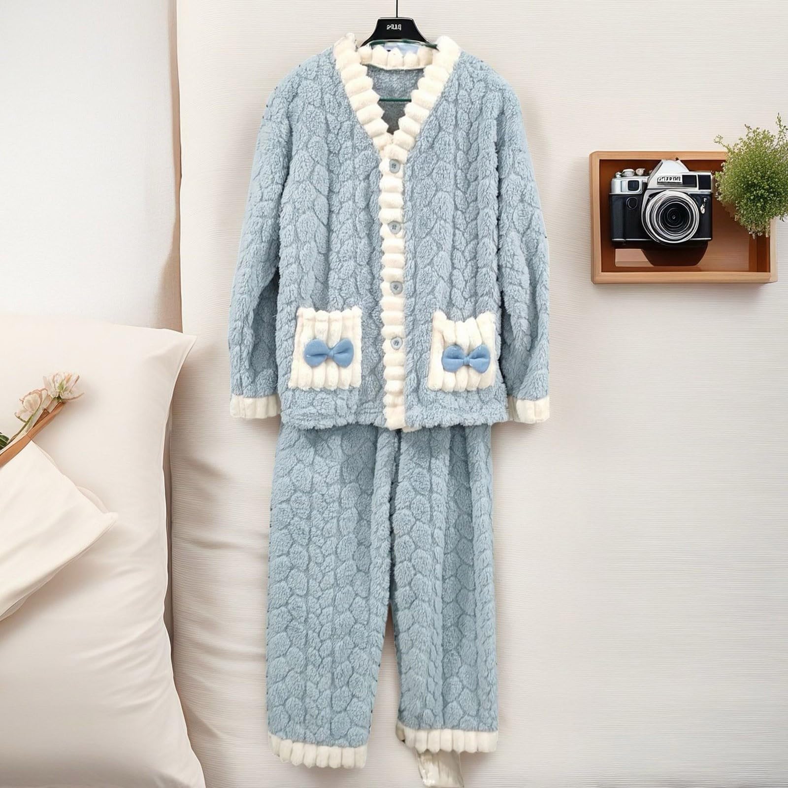 

Women s Long-sleeved Flannel Thickened Warm Home Wear Cardigan Set For Outerwear One Size синий