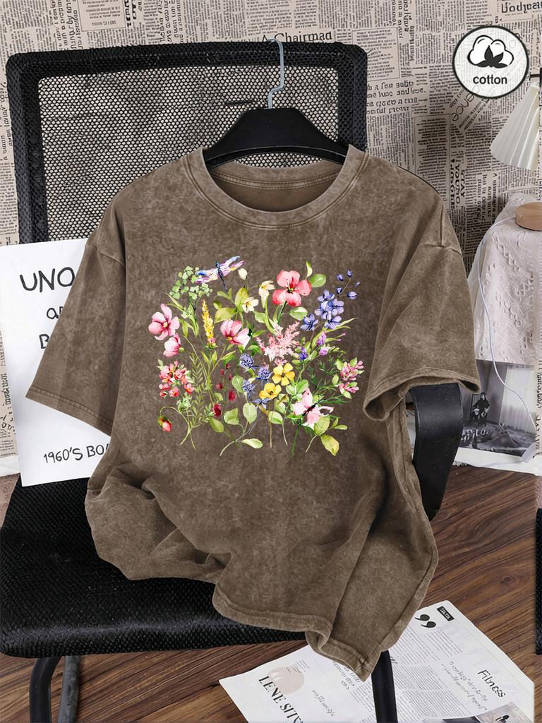 Beautiful Flowers Dragonflies Print Washed TShirts Womens Cotton Oversize T Shirt Summer Short Sleeve Tops Basic ONeck Clothes