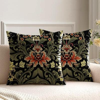 2 Pack Black Olive Green Coral Red Vintage Floral Pillow Covers Double Sided Print Art Nouveau Cushion Cases Home Decor