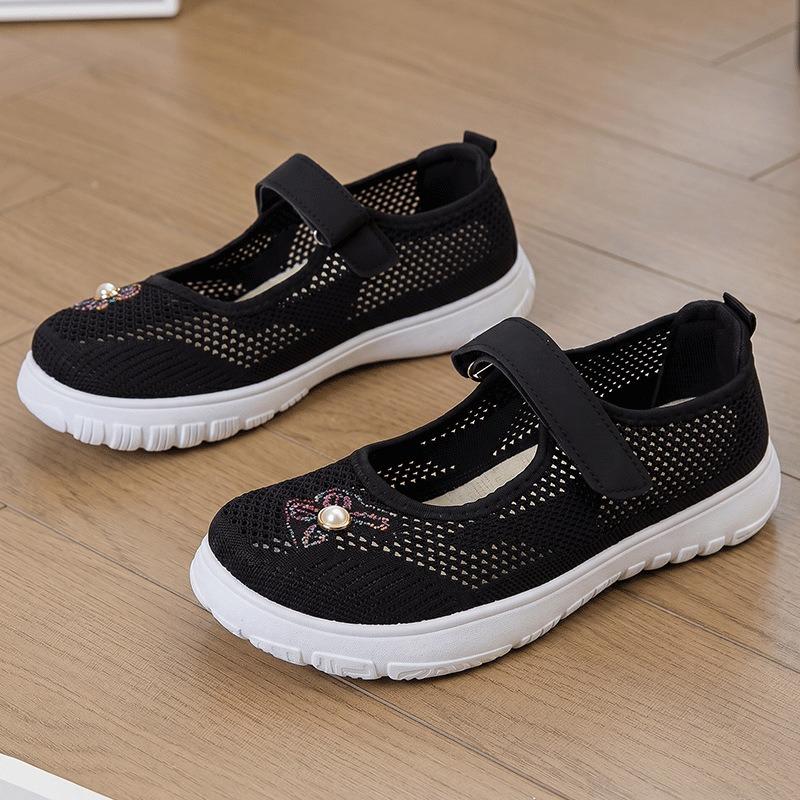 Middle-aged Mother Shoes Summer New Breathable Mesh Velcro Casual Shoes Wide Last Embroidered Middle-aged and Elderly Walking Shoes