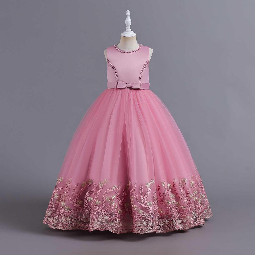 Girls' Embroidered Long Princess Dress - Puffy Wedding, Performance, Catwalk, and Evening Gown