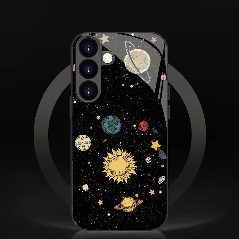 Space Sternenhimmel Schwarze Gehärtete Glas Handyhülle Geeignet für Samsung Galaxy S26 S25 S24 S23 S22 S21 S20 FE/Ultra/Plus Anti-Drop