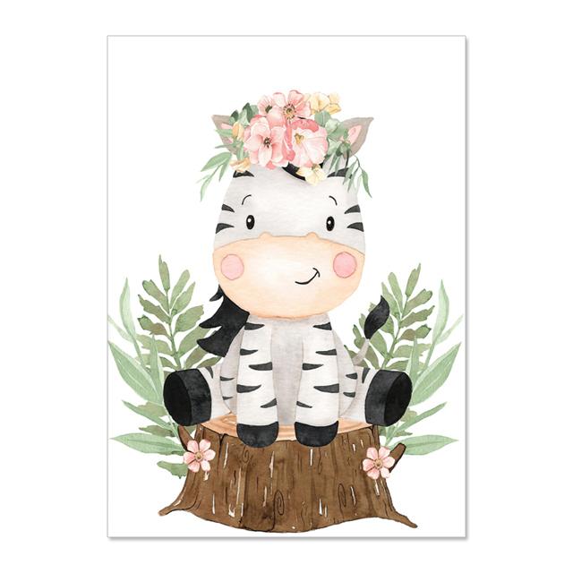 Cartoon Wearing Flowers Animal Leaves Nursery Wall Art Canvas Painting Posters And Prints Wall Pictures Baby Kids Room Décor No Frame