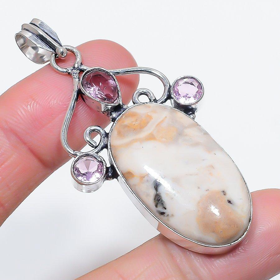 

Natural Dendrite Opal, Kunzite 925 Sterling Silver Jewelry Pendant 2.48 D4g60