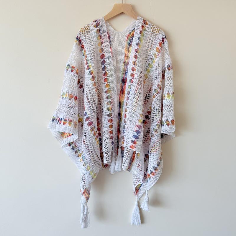 

Семицветный кардиган-шаль с кисточками в этническом стиле для женщин - Идеальная верхняя одежда для путешествий