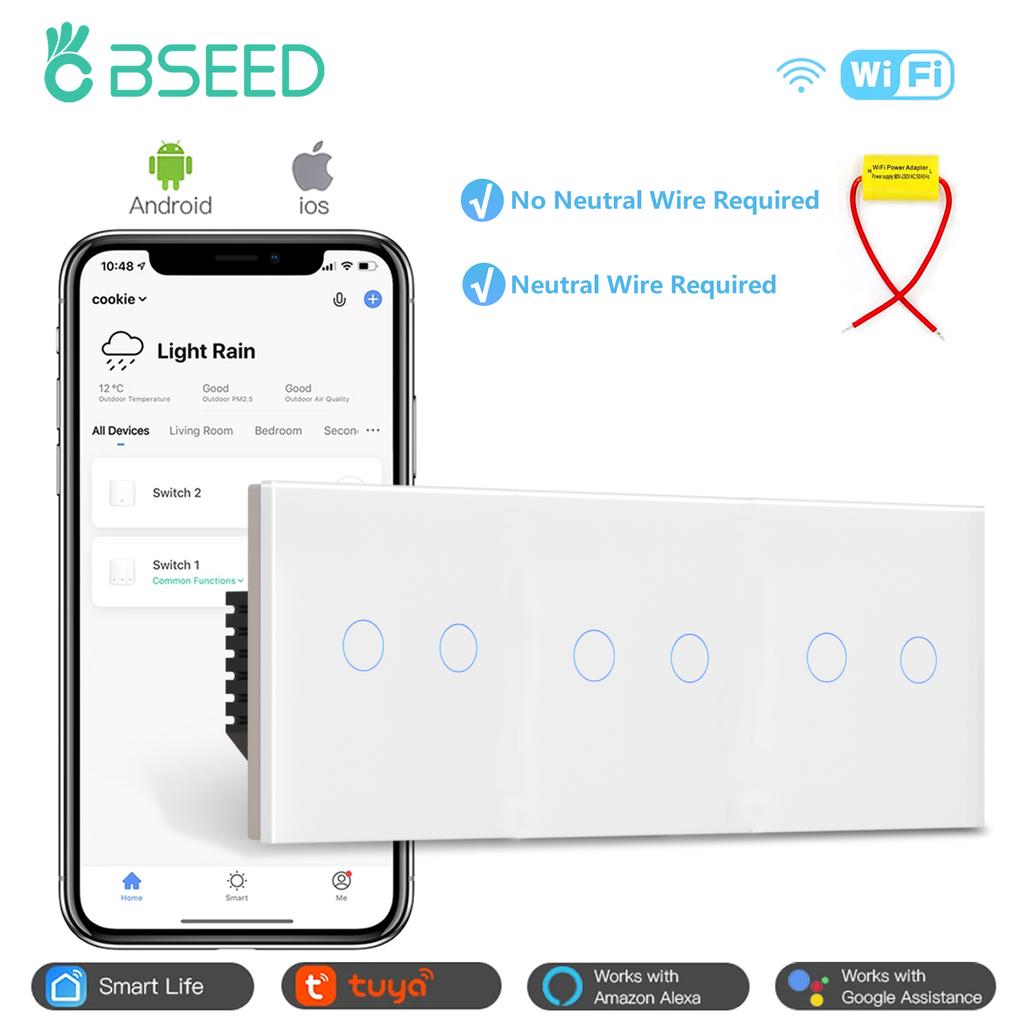 BSEED 1/2/3Gang Wifi Touch Light Switches Tuya Smart Life App Control EU Standard Crystal Glass Panel With Capacitor White