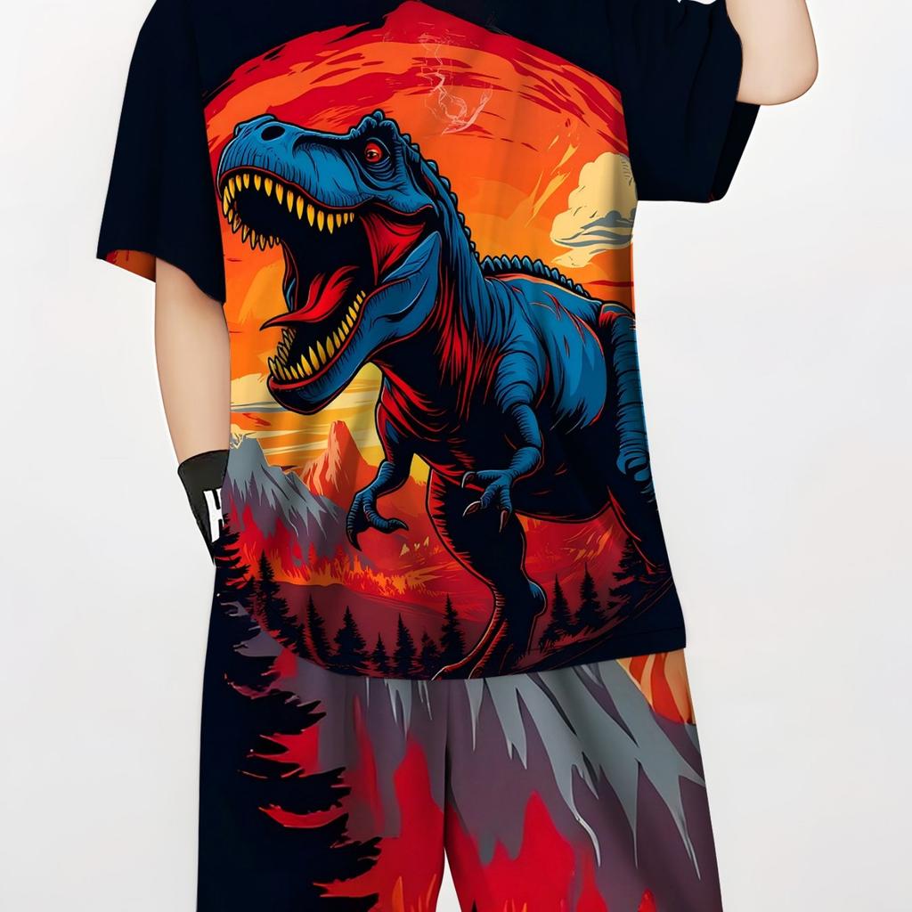 Boy's Dinosaur Printed Short Sleeve Set with Personalized Casual Fashion Suitable for Outdoor Daily Wearing