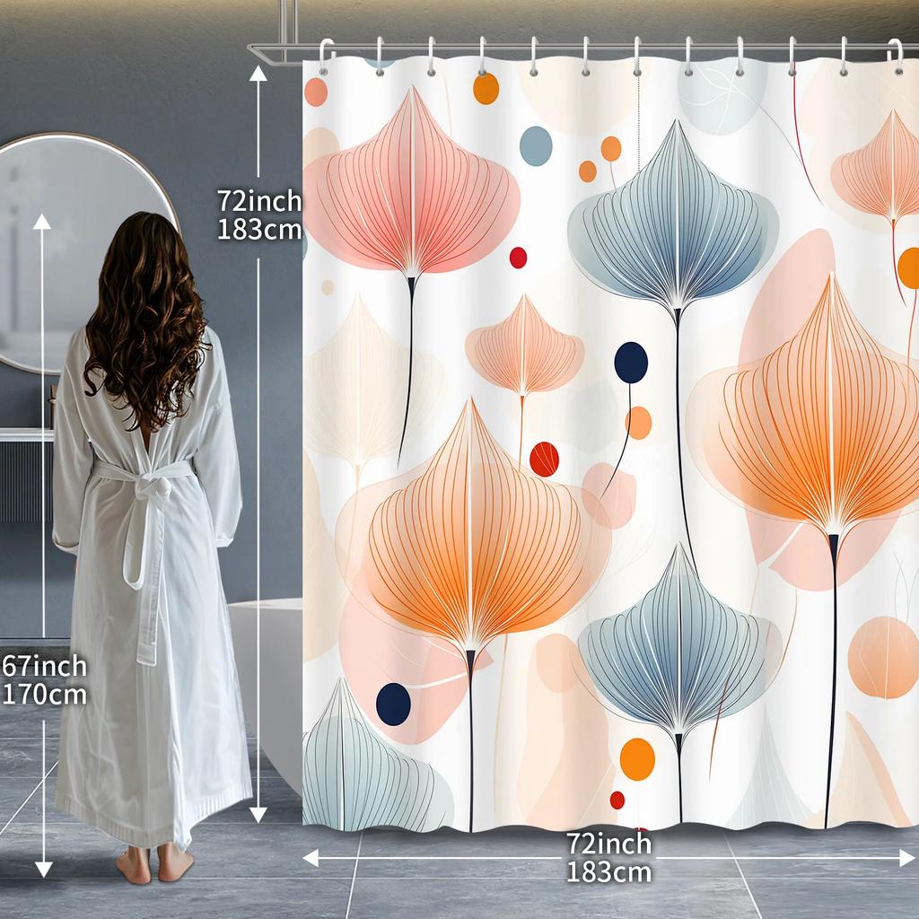 1pc Abstract Geometric Color Line Leaf Floral Printed Shower Curtain, Polyester Fabric with 12 Hooks, Bathroom Accessory