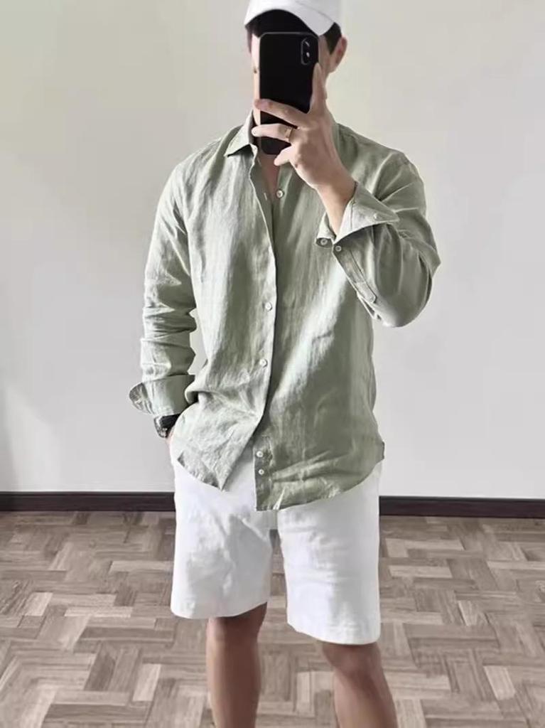 Men's High-End Cotton Linen Crinkled Shirt - Loose, Breathable, Long Sleeve, Sun Protection, Casual Versatile Top