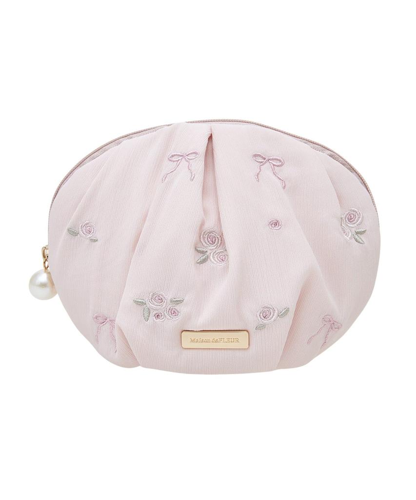 de Apparel Rose Ribbon Embroidered Pouch for Pink Beige [Maison Fleur] Women,