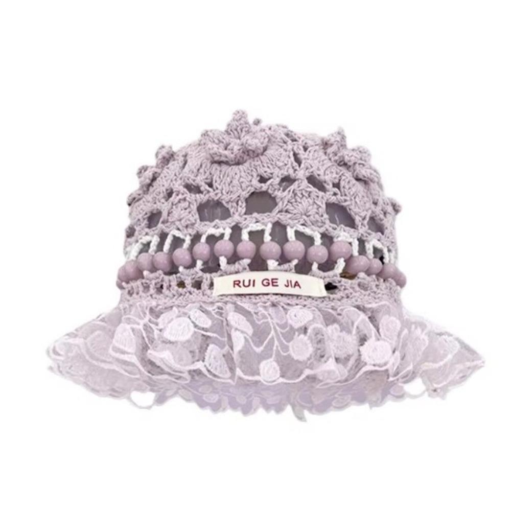Handmade Crochet Bucket Hat Summer Weave Basin Caps Sweet Beads Knitted Hat  Girls