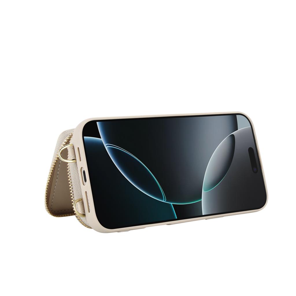 For iPhone 16 Pro Case RFID Blocking Zipper Wallet Leather + TPU Phone Cover with Shoulder Strap