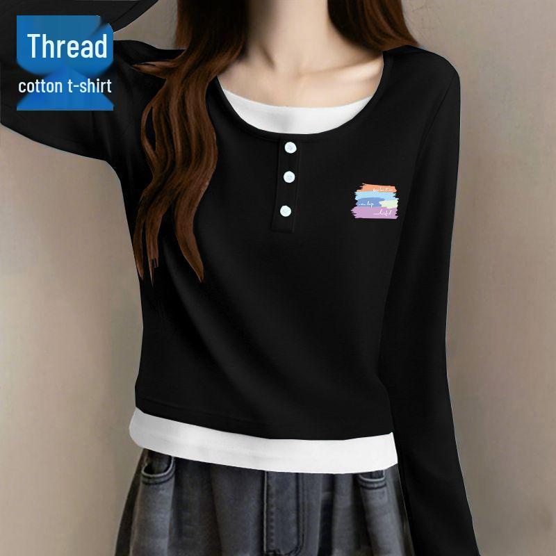 

Women s Gray Round Neck Faux Two-Piece Long-Sleeve Base Layer Shirt – Plus Size Autumn 2025 Collection L (100-115 jin)