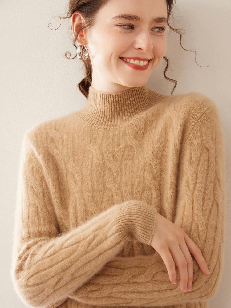 Women's Cashmere Cable Knit Sweater: Autumn/Winter Long Sleeve, Loose Fit, Half-High Neck, Thick and Warm Base Layer.