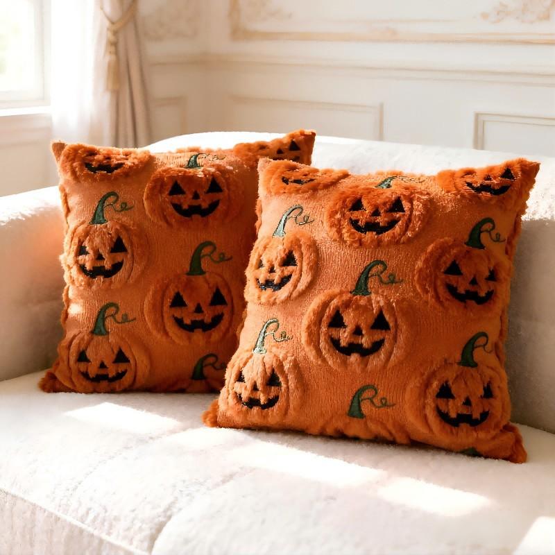 Halloween Pumpkin Ghost Throw Pillow Cover Soft Plush Pillow Cushion Case Velvet Back Pillowcase for Home Living Room Bed Decor