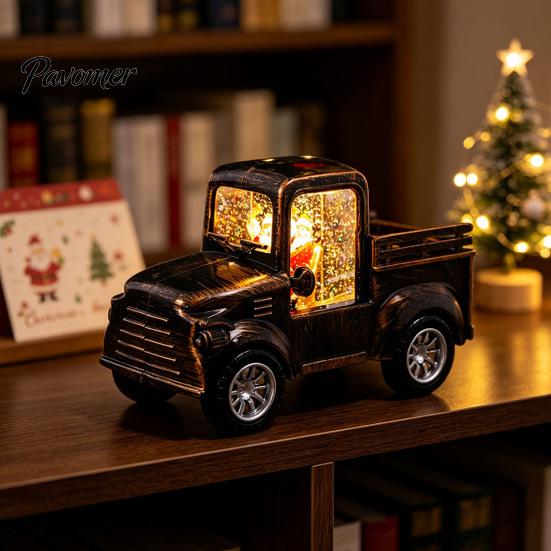 Retro Pickup Truck Decor Christmas Night Light with Snow Lantern, Battery Creative Gifts for Family Operated Decorative LED Lamp Home Bedroom, Holiday
