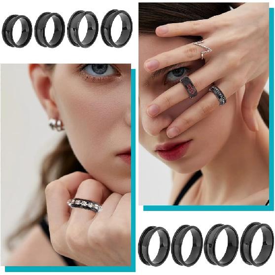 UNICRAFTALE 16pcs Stainless Steel Black Finger Ring - 8 Sizes Blank Core for Inlay Round Grooved Empty Blanks With Velvet Pouches for Jewelry Making