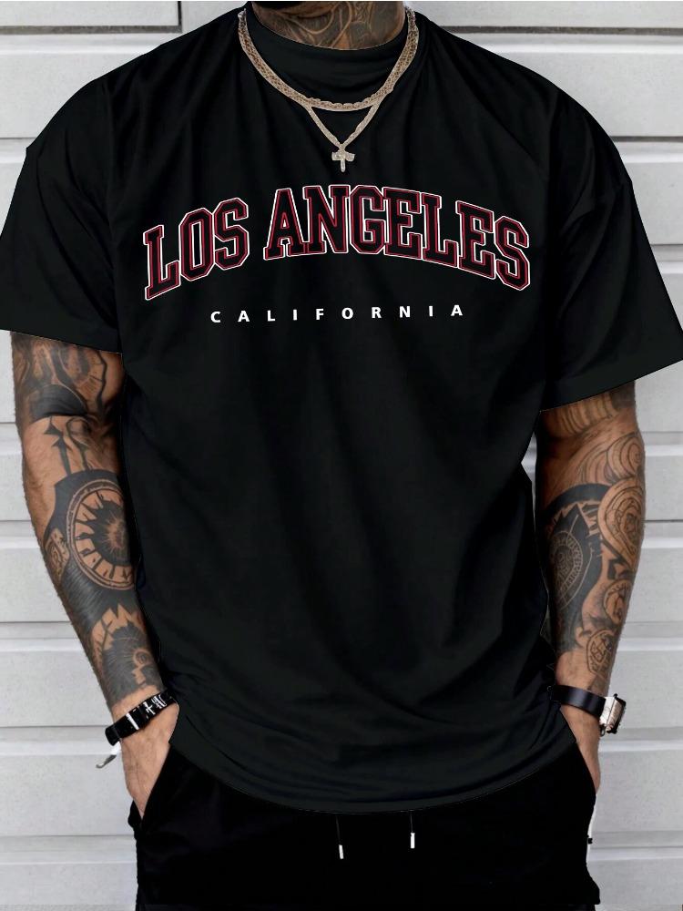Men Los Angeles California Letter Graphic Crew Neck Short Sleeve Oversized Loose Casual Summer