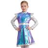 Girls Outer Space Cutie Costume: Shimmering PU Patchwork Alien Dress for Halloween & Sci-Fi Role Play Parties