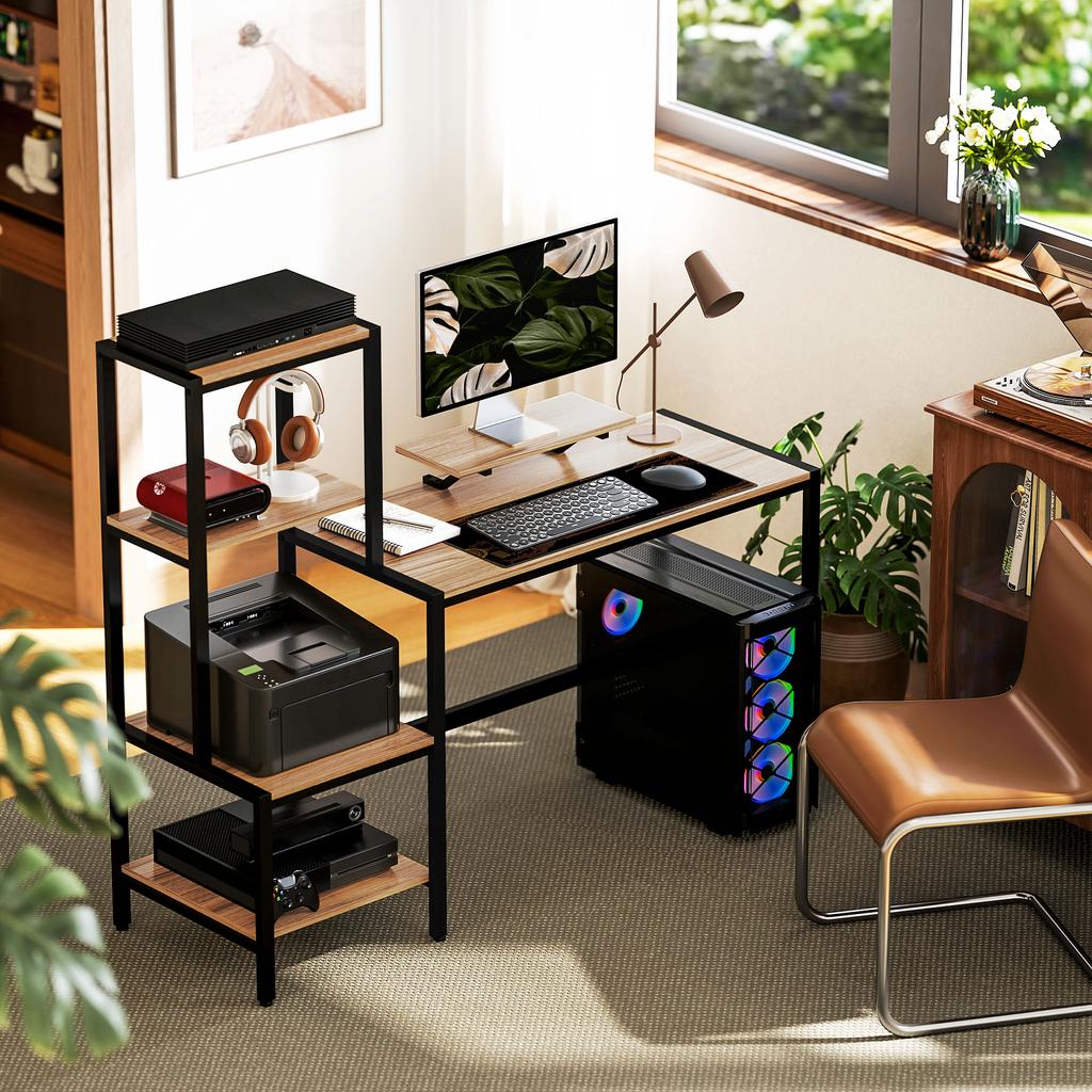 Computer Desk with Monitor Stand, Desk with 4-Tier Shelf, Industrial Design, Brown