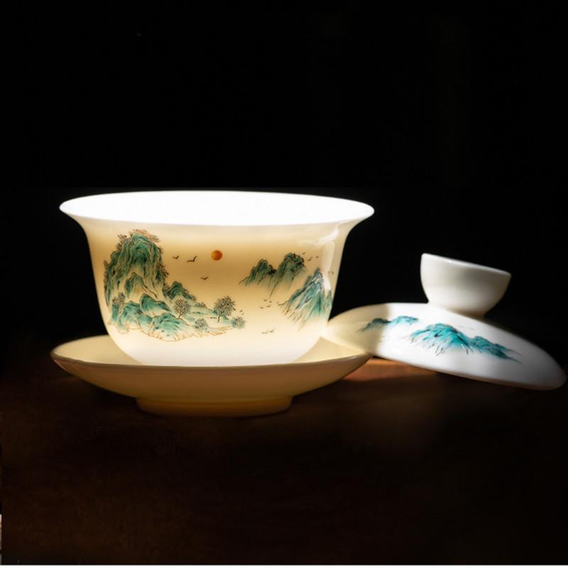 Hand-painted Ceramic Tea Tureen Chinese Portable Tea Maker Three-cai Gaiwan Home White Porcelain Tea Set with Cover Teacup 140ml