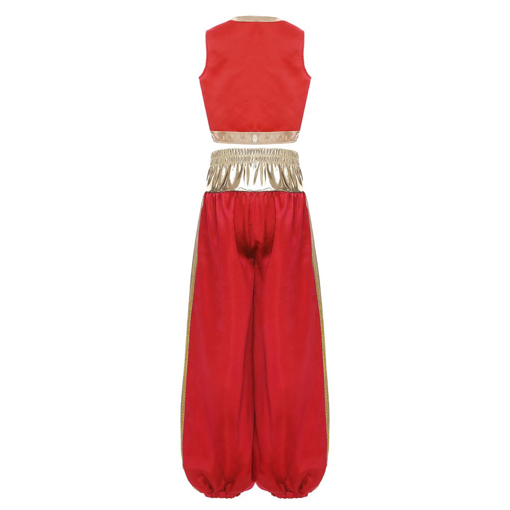 Boys Arab Prince Cosplay Costume 2Pcs: Loose Vest & Metallic Shiny Patchwork Bloomers Harem Pants Outfit for Halloween Party