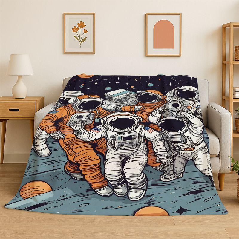 Cartoon Astronaut Spaceman Planet Flannel Blanket Soft Throw Blanket for Bedroom Living Room Bed Travel Camping Nap Cover Gift