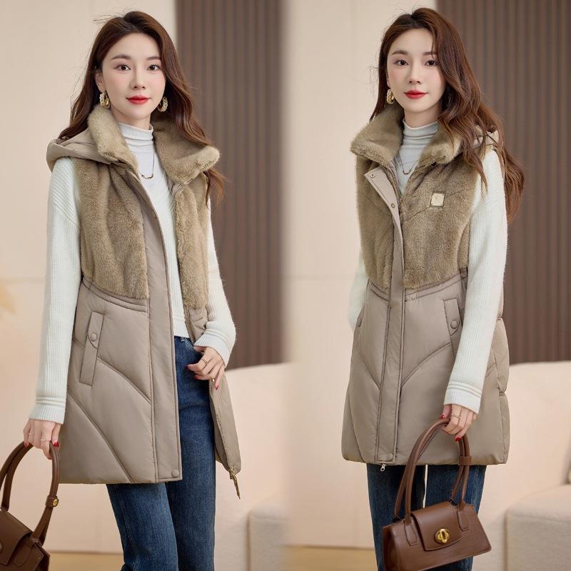 

Winter imitation mink splicing cotton vest medium female mother sleeveless cotton dress new hooded warm vest XL хаки