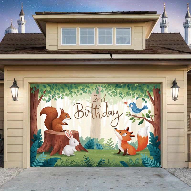 Forest 2nd Birthday Party Banner, Squirrel Rabbit Fox Polyester Backdrop for Room Wall