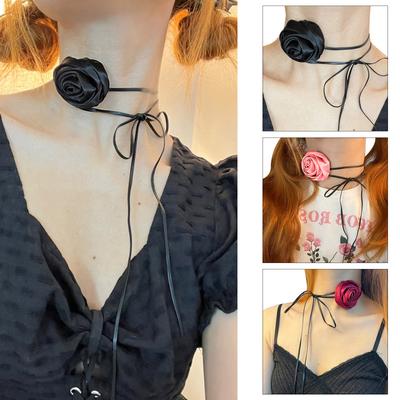 Elegant Satin Flower Popular Collarbone Chain Rose Flower Collar Choker Clavicle Collar Ornament for Valentines Day