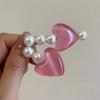 Hairpin Stable Non-Damaging Hair Clip with High-Gloss Imitation Pearls Pink Jelly Heart Design Princess Style Hair Accessory