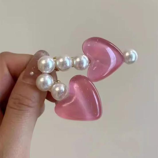 Hairpin Stable Non-Damaging Hair Clip with High-Gloss Imitation Pearls Pink Jelly Heart Design Princess Style Hair Accessory
