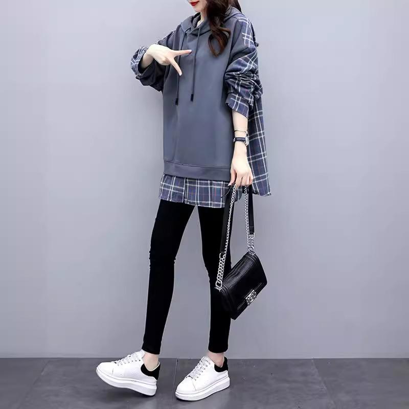 Volné Streetwearové Silné Kostkované Sešívané Mikiny Dvoudílné Pulovry s Kapucí Středně dlouhé Dlouhý Rukáv Divoké Dámské Oblečení