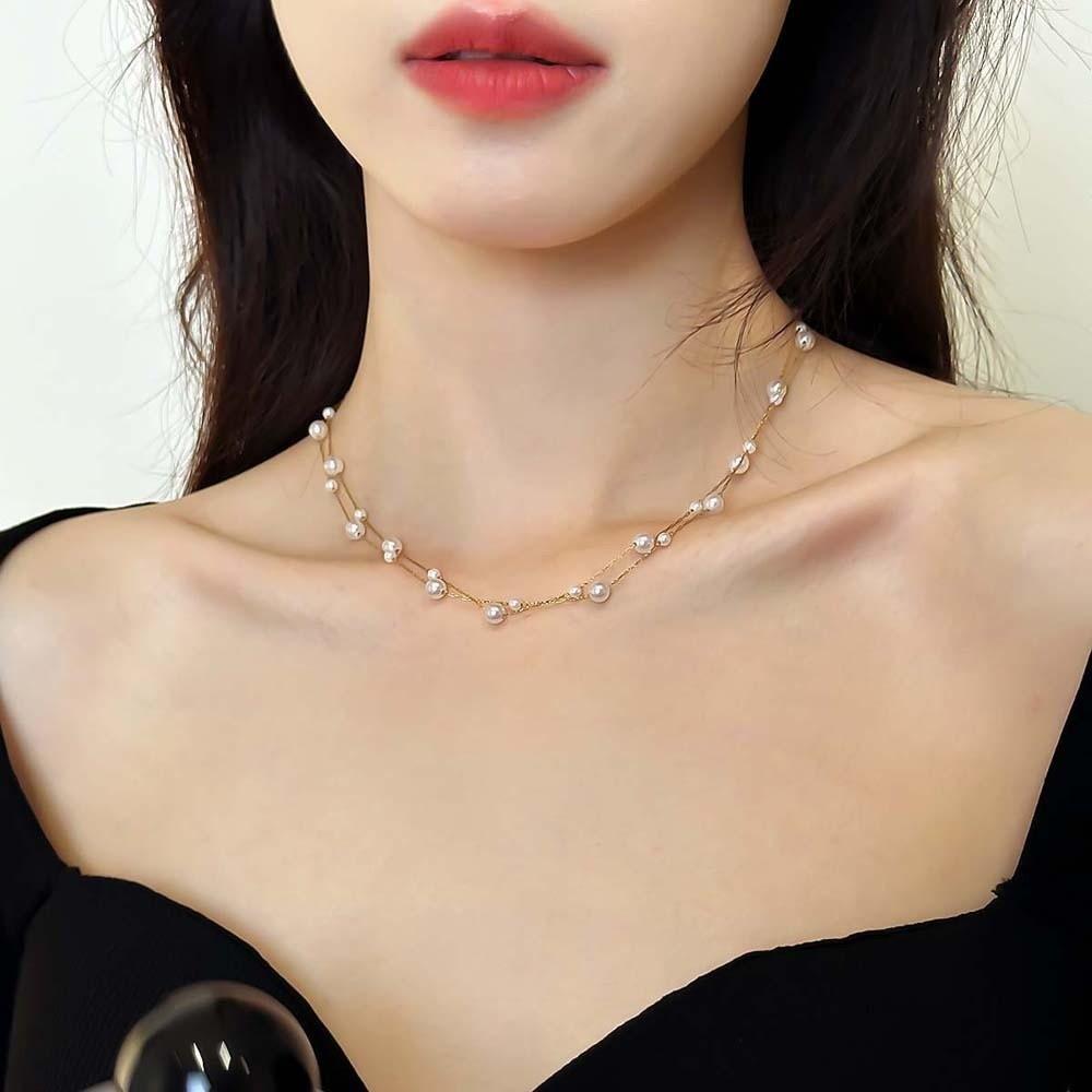 Titanium Steel Beaded Choker Necklace Exquisite Collarbone Chain Elegant Neck Pendant  Girls