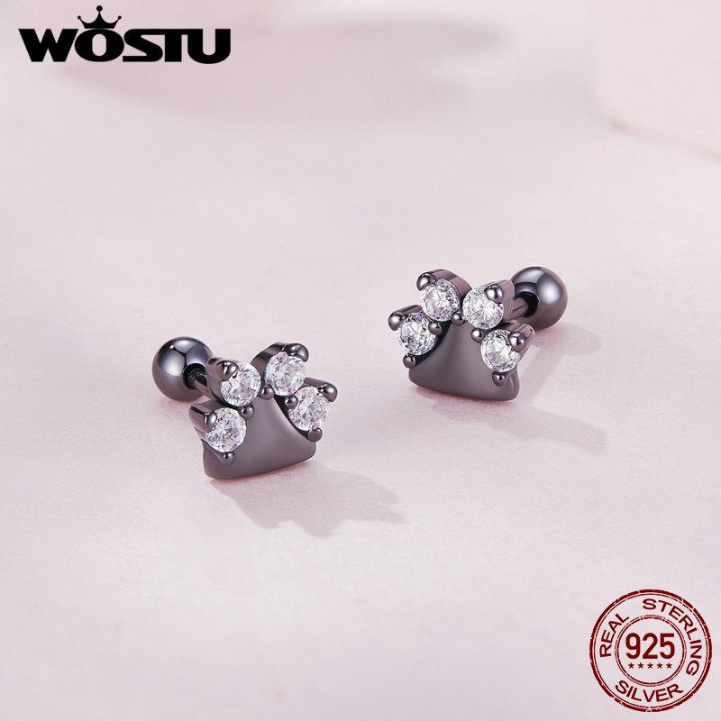 WOSTU 925 Sterling Silver Pink Zircon Pet Dog Paw Stud Earrings For Women Lovely Heart Zircon Ear Studs Birthday Jewelry Gift