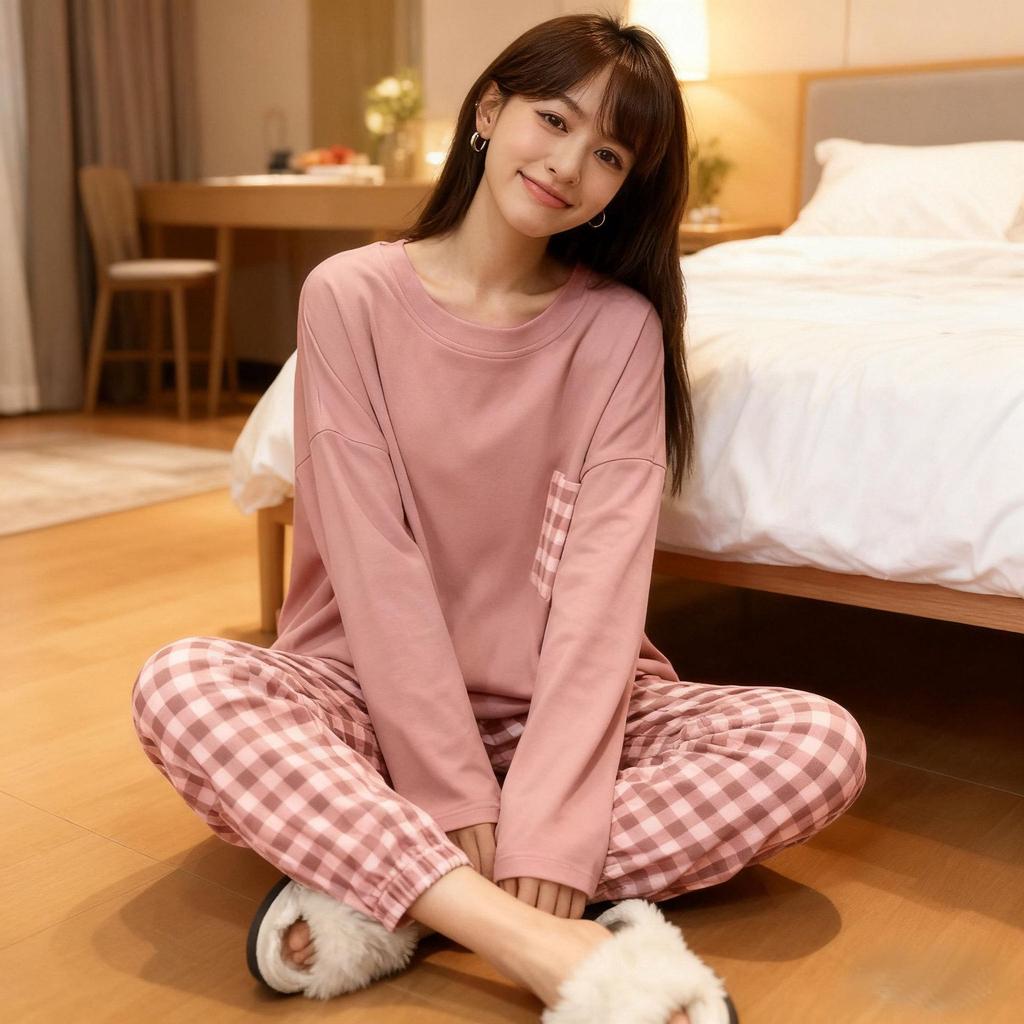 Women's Blue Plaid Long Sleeve Pajamas, Imitation Cotton, Loose & Comfortable, Perfect for Spring/Autumn, Versatile for Home or Outdoors