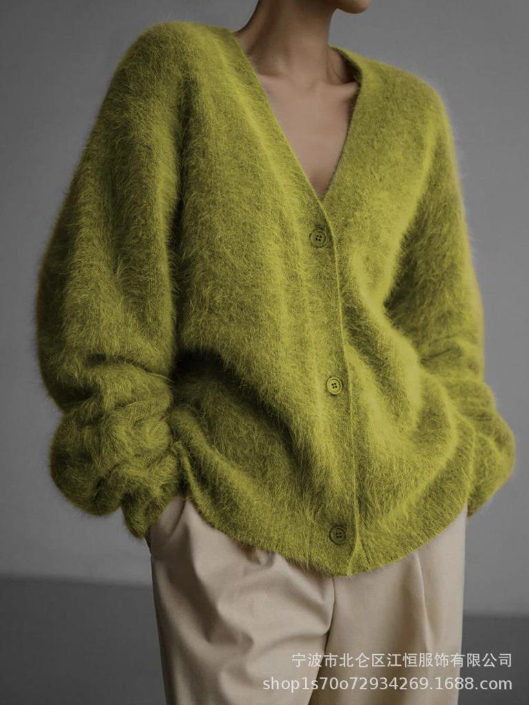 Women's Pink Fuzzy Cardigan, Front Button, Soft Pile, Loose Fit