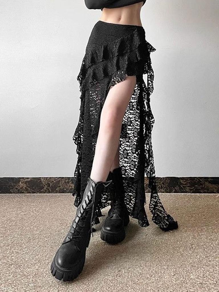 Women's Lace Spliced Skirts Black High Waist Ruffle Irregular Long Skirt Gothic Style Streetwear Summer