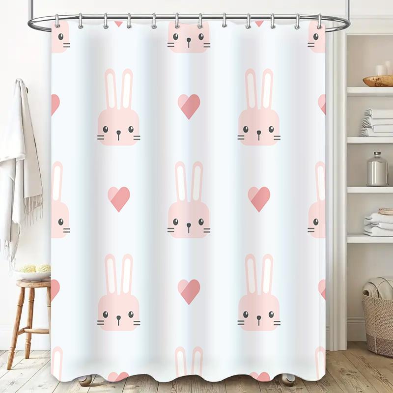 Cute Rabbit Heart Print Shower Curtain for Bathroom Decoration in Various Sizes Pink White Animal Design Polyester Fabric Waterp